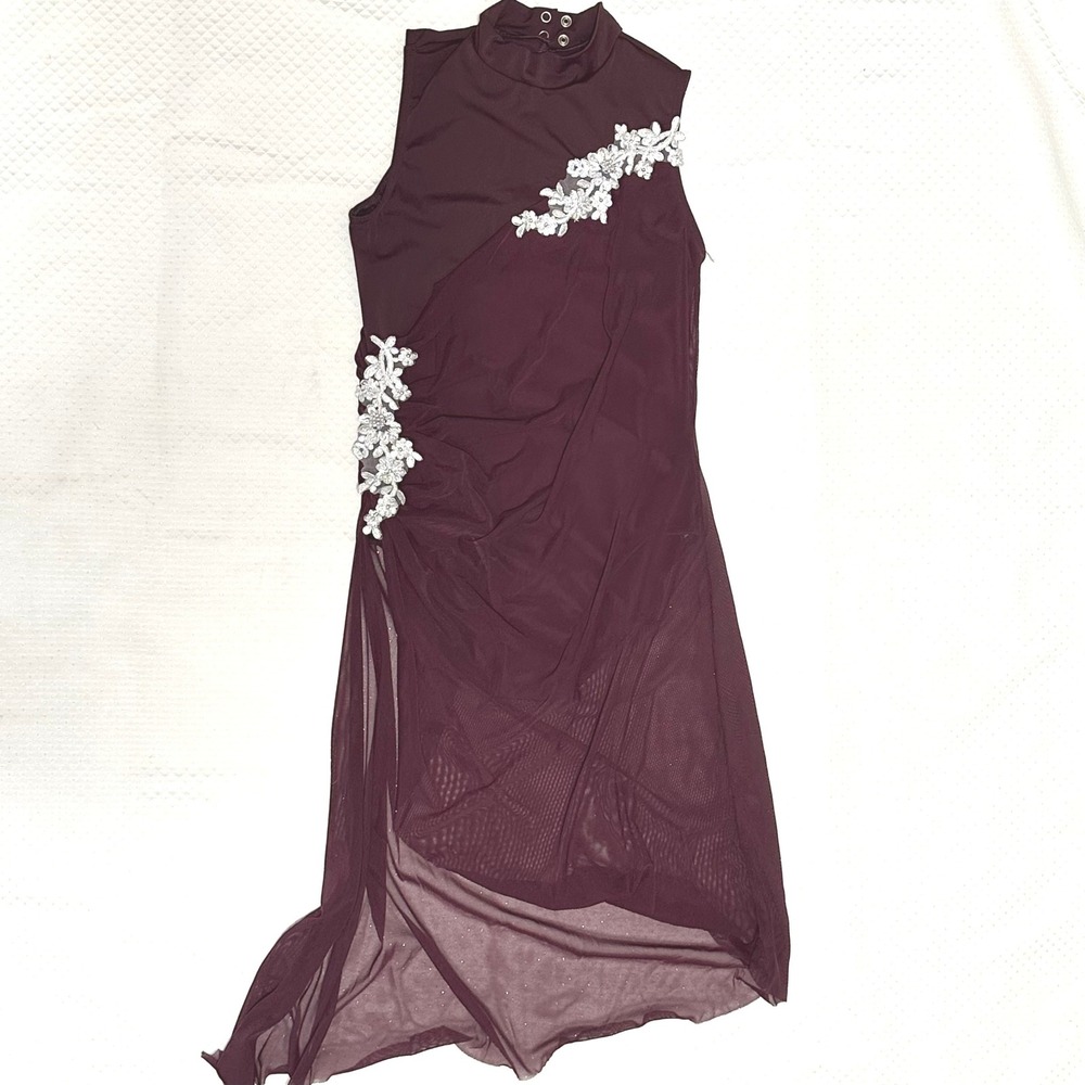 Weisman Dance Costume Dress XLC Burgundy Mesh Floral Rhinestone Sleeveless